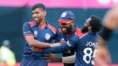 USA's Saurabh Netravalkar and teammates celebrate the dismissal of India's Virat Kohli during their Group A match (Surjeet Yadav) USA's Saurabh Netravalkar and teammates celebrate the dismissal of India's Virat Kohli during their Group A match (Surjeet Yadav)