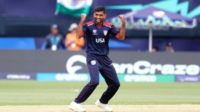 USA's Saurabh Netravalkar celebrates the dismissal of India's captain Rohit Sharma during their Group A match in the ICC T20 World Cup 2024. (ANI/Surjeet Yadav) USA's Saurabh Netravalkar celebrates the dismissal of India's captain Rohit Sharma during their Group A match in the ICC T20 World Cup 2024. (ANI/Surjeet Yadav)