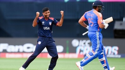 USA's Saurabh Netravalkar celebrates the dismissal of India's captain Rohit Sharma (ICC - X ) USA's Saurabh Netravalkar celebrates the dismissal of India's captain Rohit Sharma (ICC - X )