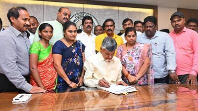 Andhra Pradesh chief minister N Chandrababu Naidu signs the first file after taking charge at his office at Tadepalli, Amaravati on Thursday. (PTI) Andhra Pradesh chief minister N Chandrababu Naidu signs the first file after taking charge at his office at Tadepalli, Amaravati on Thursday. (PTI)