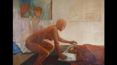Anupam Sud’s 1982 painting, Waking, evokes feelings of discomfort, pain, grief, and vulnerability Anupam Sud’s 1982 painting, Waking, evokes feelings of discomfort, pain, grief, and vulnerability
