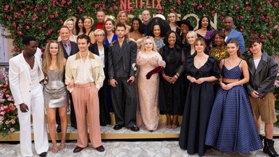 The cast of Bridgerton pose for photographers upon arrival at the season three part two screening of the television series in London. From Left: Victor Alli, Hannah Dodd, Tom Verica, Jessica Madsen, Harriet Cains, Emma Naomi, Ruth Gemmell, Luke Thompson, Betsy Beers, Sam Phillips, Luke Newton, Joanna Bobin, Simone Ashley, Dominic Coleman, Nicola Coughlan, Golda Rosheuvel, Shonda Rhimes, Hannah New, Adjoa Andoh, Jess Brownell, Claudia Jessie, Kathryn Drysdale, Nne Ebong, Daniel Francis, and Florence Hunt.&nbsp; (Vianney Le Caer/Invision/AP)
