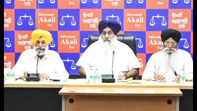 During the six-hour meeting chaired by Sukhbir Badal, members also discussed Amritpal Singh and Sarabjeet Singh Khalsa who ate into SAD’s votes as both the candidates won Khadoor Sahib and Faridkot seats, respectively. (HT) During the six-hour meeting chaired by Sukhbir Badal, members also discussed Amritpal Singh and Sarabjeet Singh Khalsa who ate into SAD’s votes as both the candidates won Khadoor Sahib and Faridkot seats, respectively. (HT)