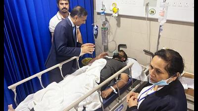 Indian ambassador Adarsh Swaika at a hospital where 11 workers injured in the fire are admitted. (X) Indian ambassador Adarsh Swaika at a hospital where 11 workers injured in the fire are admitted. (X)