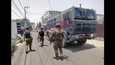 J&K Police Security Wing during a search operation at Narwal area to trace out terrorists involved in recent attacks in Jammu district on Thursday. Chamba district, which adjoins the Kathua and Doda districts of Jammu and Kashmir, shares over 200 km of border with the UT. The mountainous terrain makes it easy for militants to infiltrate, necessitating heightened security measures. There are around 15 outposts on Chamba-J&K border guarded by the battalion force of Himachal Police. (ANI) J&K Police Security Wing during a search operation at Narwal area to trace out terrorists involved in recent attacks in Jammu district on Thursday. Chamba district, which adjoins the Kathua and Doda districts of Jammu and Kashmir, shares over 200 km of border with the UT. The mountainous terrain makes it easy for militants to infiltrate, necessitating heightened security measures. There are around 15 outposts on Chamba-J&K border guarded by the battalion force of Himachal Police. (ANI)