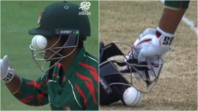 Ball gets stuck in Tanzid Hasan's helmet (ICC/Instagram) Ball gets stuck in Tanzid Hasan's helmet (ICC/Instagram)