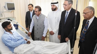 MoS for external affairs Kirti Vardhan Singh meets Indians injured in Wednesday’s fire at the Jaber hospital in Kuwait on June 13 (PTI/VIA @indembkwt) MoS for external affairs Kirti Vardhan Singh meets Indians injured in Wednesday’s fire at the Jaber hospital in Kuwait on June 13 (PTI/VIA @indembkwt)