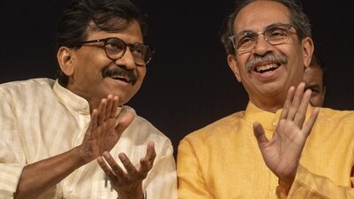 Shiv Sena chief ( UBT ) Uddhav Thackeray, Sanjay Raut and Arvind Sawant together during Shiv Sena women, men office bearer meeting Rangsharada Hall, Bandra in Mumbai, India, on Wednesday, June 12, 2024. (Photo by Satish Bate/ Hindustan Times) (Hindustan Times)
