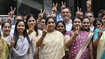 Mumbai, India - June 13, 2024: Deputy chief minister Ajit Pawar’s wife Sunetra Pawar along with her party worker and leaders outside vidhan bhavan, after filling her nomination as the NCP’s candidate for the Rajya Sabha polls scheduled on June 25, in Mumbai, India, on Thursday, June 13, 2024. (Photo by Anshuman Poyrekar/ Hindustan Times) (Hindustan Times) Mumbai, India - June 13, 2024: Deputy chief minister Ajit Pawar’s wife Sunetra Pawar along with her party worker and leaders outside vidhan bhavan, after filling her nomination as the NCP’s candidate for the Rajya Sabha polls scheduled on June 25, in Mumbai, India, on Thursday, June 13, 2024. (Photo by Anshuman Poyrekar/ Hindustan Times) (Hindustan Times)
