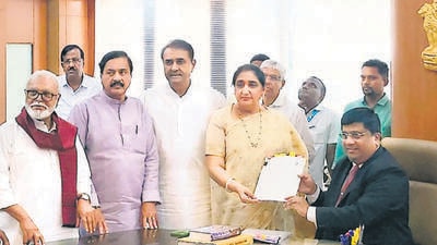 Nationalist Congress Party (NCP) Chief Ajit Pawar's wife Sunetra Pawar filed her nomination for the upcoming Rajya Sabha by-elections, at Vidhan Bhawan in Mumbai on Thursday. National Working President of NCP Praful Patel, Party leader Sunil Tatkare and Maharashtra Minister Chhagan Bhujbal are also present. (ANI) Nationalist Congress Party (NCP) Chief Ajit Pawar's wife Sunetra Pawar filed her nomination for the upcoming Rajya Sabha by-elections, at Vidhan Bhawan in Mumbai on Thursday. National Working President of NCP Praful Patel, Party leader Sunil Tatkare and Maharashtra Minister Chhagan Bhujbal are also present. (ANI)