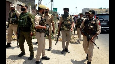 Personnel of Special Operations Group (SOG) of the Jammu and Kashmir Police during a search operation at Narwal in Jammu on Thursday. (PTI) Personnel of Special Operations Group (SOG) of the Jammu and Kashmir Police during a search operation at Narwal in Jammu on Thursday. (PTI)