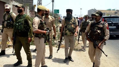 Security personnel during a search operation in Narwal, Jammu, on Thursday. (PTI) Security personnel during a search operation in Narwal, Jammu, on Thursday. (PTI)