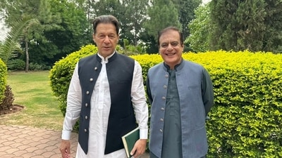 Shibli Faraz with former Pakistan Prime Minister Imran Khan (Courtesy: @shiblifaraz X)