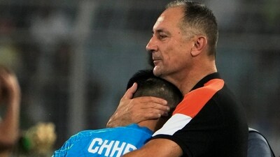 Sunil Chhetri being hugged by coach Igor Stimac on his farewell match (PTI) Sunil Chhetri being hugged by coach Igor Stimac on his farewell match (PTI)