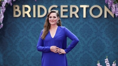 Ruth Gemmell - aka Violet Bridgerton - poses for the photocall at the launch of Bridgerton Season 3 Part 2 in London. She wore a stunning blue gown.&nbsp; (REUTERS)