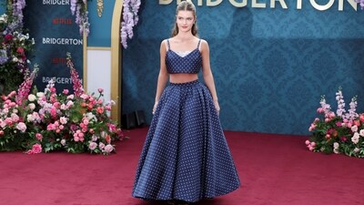 Florence Hunt attends the launch of Bridgerton Season 3 Part 2 in London. She wore a polka dot cropped blouse and skirt set from Miu Miu.&nbsp; (REUTERS)