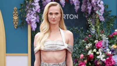 Jessica Madsen attended the premiere of Bridgerton Season 3 Part 2 in London. The actor wore a silver bralette and metallic, high-waisted midi skirt from Fendi's Spring 2024 Coture collection. She styled it with silver pumps, rings, earrings, minimal makeup, and side-parted loose locks.&nbsp; (REUTERS)