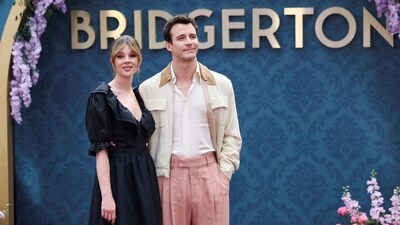 Claudia Jessie and Luke Thompson pose at the launch of Bridgerton Season 3 Part 2 in London.&nbsp; (REUTERS)