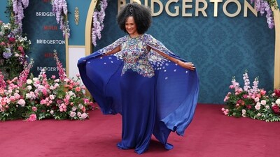 'Queen Charlotte' Golda Rosheuvel attended the Bridgerton Season 3 Part 2 screening in London. She wore a blue floral-embroidered gown from Mary Katrantzou's Resort 2024 collection on the red carpet.&nbsp; (REUTERS)
