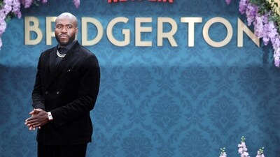 Martins Imhangbe poses for the photographers at the launch of Bridgerton Season 3 Part 2.&nbsp; (REUTERS)