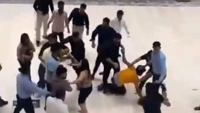 A 50-second video of the incident went viral on social media platforms on Sunday morning, showing seven to eight people assaulting each other while security guards are trying to prevent them from fighting. (HT Photo) A 50-second video of the incident went viral on social media platforms on Sunday morning, showing seven to eight people assaulting each other while security guards are trying to prevent them from fighting. (HT Photo)