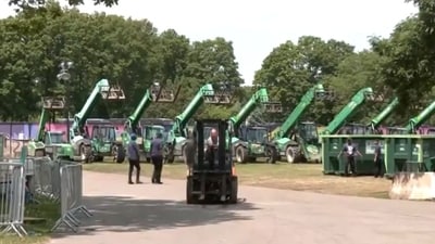 A bulldozer enters Nassau County Stadium. A bulldozer enters Nassau County Stadium.
