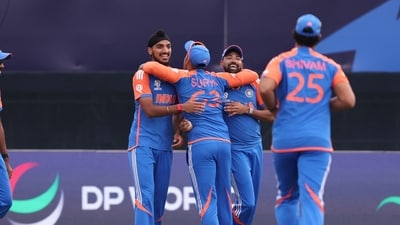 Arshdeep Singh and Mohammed Siraj of India celebrates the wicket of Nitish Kumar of the USA during the ICC Men's T20 Cricket World Cup (Getty Images via AFP) Arshdeep Singh and Mohammed Siraj of India celebrates the wicket of Nitish Kumar of the USA during the ICC Men's T20 Cricket World Cup (Getty Images via AFP)