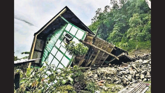 A house in North Sikkim upturned due to incessant landslides. (PTI)