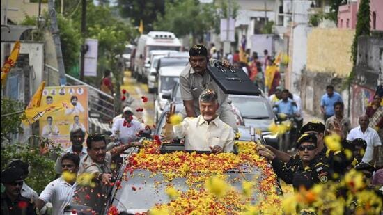 Andhra Pradesh Chief Minister N Chandrababu Naidu being greeted by supporters while on his way to take charge at the Secretariat, in Amravati on Thursday. (PTI)