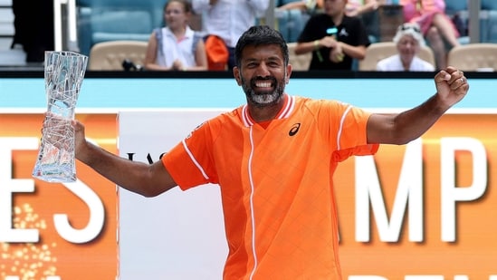 Rohan Bopanna of India celebrates after he and Matthew Ebden of Australia defeated Austin Krajicek of the United States and Ivan Dodig of Croatia during the Men's Doubles Final at Hard Rock Stadium (Getty Images via AFP)