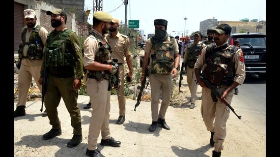 Personnel of Special Operations Group (SOG) of the Jammu and Kashmir Police during a search operation at Narwal in Jammu on Thursday. (PTI)