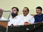 Maharashtra chief minister Eknath Shinde, along with Maharashtra deputy chief ministers Devendra Fadnavis and Ajit Pawar during the inauguration of second phase of Coastal Road, in Mumbai. (ANI)