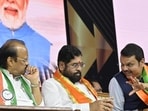 Maharashtra deputy CM Ajit Pawar (L), CM Eknath Shinde and deputy CM Devendra Fadnavis during a 'Mahayuti' alliance meeting in Mumbai. 