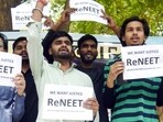 NEET aspirants protest against the alleged irregularities in the NEET-UG examination at Jantar Mantar, in New Delhi on Wednesday. (ANI Photo/Ritik Jain) (Ritik Jain)