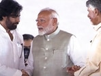 Vijayawada: Prime Minister Narendra Modi with Andhra Pradesh CM Nara Chandrababu Naidu and Jana Sena chief Pawan Kalyan during the swearing-in ceremony, in Vijayawada, Wednesday, June 12, 2024. (PTI Photo) Vijayawada: Prime Minister Narendra Modi with Andhra Pradesh CM Nara Chandrababu Naidu and Jana Sena chief Pawan Kalyan during the swearing-in ceremony, in Vijayawada, Wednesday, June 12, 2024. (PTI Photo)