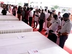 Arrangements are in place at the Cochin International Airport before the arrival of a special IAF flight carrying the mortal remains of victims of the recent Kuwait fire, on Friday,
