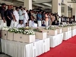 The mortal remains of 45 Indian victims who lost their lives in the Kuwait fire incident at the Cochin International Airport in Ernakulam, Kerala, on Friday (ANI Photo) The mortal remains of 45 Indian victims who lost their lives in the Kuwait fire incident at the Cochin International Airport in Ernakulam, Kerala, on Friday (ANI Photo)