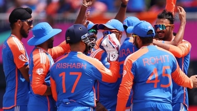Axar Patel of India celebrates with teammates after taking the wicket of Shadab Khan of Pakistan (not pictured) during the ICC Men's T20 Cricket World Cup West Indies & USA 2024 match between India and Pakistan at Nassau County International Cricket Stadium (Getty Images via AFP)