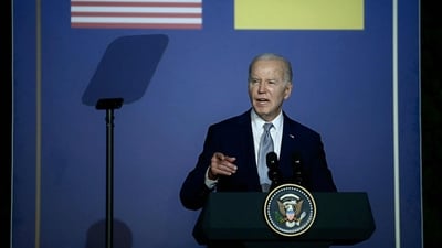 US President Joe Biden speaks after signing a bilateral security agreement with Ukrainian President Volodymyr Zelensky during a press conference at the Masseria San Domenico on the sidelines of the G7 Summit hosted by Italy in Apulia region, on June 13, 2024 in Savelletri. (AFP)