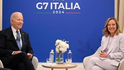 US President Joe Biden and Italy�s Prime Minister Giorgia Meloni take part in a bilateral meeting on the sidelines of the G7 Summit at the Borgo Egnazia resort in Savelletri, Italy on June 14, 2024. (Photo by Mandel NGAN / AFP) (AFP) US President Joe Biden and Italy�s Prime Minister Giorgia Meloni take part in a bilateral meeting on the sidelines of the G7 Summit at the Borgo Egnazia resort in Savelletri, Italy on June 14, 2024. (Photo by Mandel NGAN / AFP) (AFP)