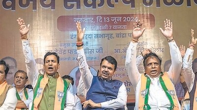 Kiran Shelar has announced BJP's candidate for the Maharashtra Legislative Council elections to be held on June 26. Devendra Fadnavis, Ashish Shelar and other leaders gathered at Rangsharada for the Vijay Sankalp Mela on Thursday. (Satish Bate/ Hindustan Times) Kiran Shelar has announced BJP's candidate for the Maharashtra Legislative Council elections to be held on June 26. Devendra Fadnavis, Ashish Shelar and other leaders gathered at Rangsharada for the Vijay Sankalp Mela on Thursday. (Satish Bate/ Hindustan Times)