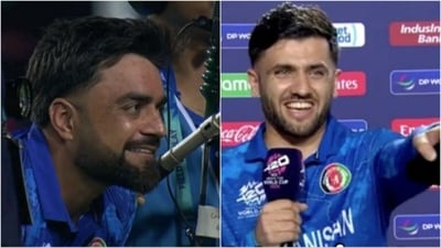 Rashid Khan hilariously distracts Fazalhaq Farooqi during the interview (Instagram/ICC) Rashid Khan hilariously distracts Fazalhaq Farooqi during the interview (Instagram/ICC)