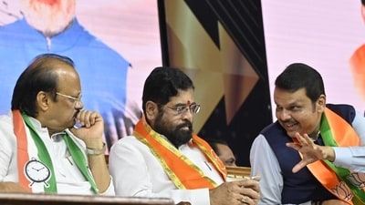 Maharashtra deputy CM Ajit Pawar (L), CM Eknath Shinde and deputy CM Devendra Fadnavis during a 'Mahayuti' alliance meeting in Mumbai. (HT file) Maharashtra deputy CM Ajit Pawar (L), CM Eknath Shinde and deputy CM Devendra Fadnavis during a 'Mahayuti' alliance meeting in Mumbai. (HT file)