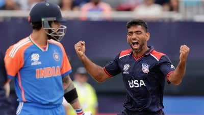 United States' Saurabh Nethralvakar, right, celebrates the dismissal of India's Virat Kohli, left, during the ICC Men's T20 World Cup cricket match between United States and India at the Nassau County International Cricket (PTI) United States' Saurabh Nethralvakar, right, celebrates the dismissal of India's Virat Kohli, left, during the ICC Men's T20 World Cup cricket match between United States and India at the Nassau County International Cricket (PTI)