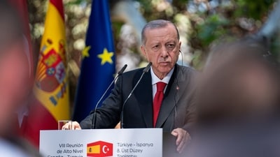 Recep Tayyip Erdogan, Turkey's president, during a news conference with Pedro Sanchez, Spain's prime minister, in Madrid, Spain, on Thursday, June 13, 2024. Photographer: Magda Gibelli/Bloomberg (Bloomberg) Recep Tayyip Erdogan, Turkey's president, during a news conference with Pedro Sanchez, Spain's prime minister, in Madrid, Spain, on Thursday, June 13, 2024. Photographer: Magda Gibelli/Bloomberg (Bloomberg)