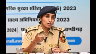 SSP Kanwardeep Kaur addressing the media regarding the three new criminal laws at UT Guest House in Chandigarh on Friday. (Keshav Singh/HT)
