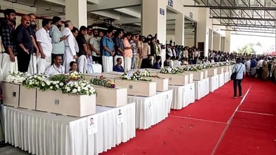 The mortal remains of 45 Indian victims who lost their lives in the Kuwait fire incident at the Cochin International Airport in Ernakulam, Kerala, on Friday (ANI Photo)