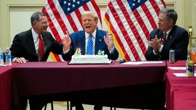 The "45" and "47" candles on the cake, according to Representative Mike Lee, were a tribute to mark Trump's first term presidency and his possibility to become the 47th president of the United States. The "45" and "47" candles on the cake, according to Representative Mike Lee, were a tribute to mark Trump's first term presidency and his possibility to become the 47th president of the United States.