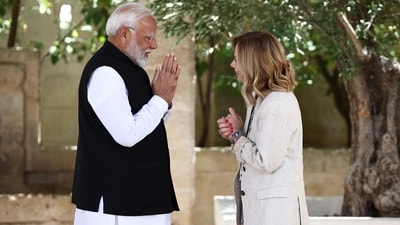 Indian PM Narendra Modi was welcomed by his Italian counterpart Giorgia Meloni, on the second day of the G7 summit in Italy. (REUTERS)
