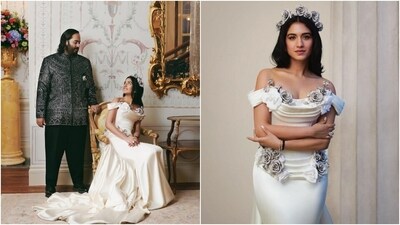 Radhika styled the custom look with diamond jewellery, including earrings, a massive solitaire ring, and a dainty bracelet. She chose darkened brows, mascara on the lashes, winged eyeliner, a mauve lip shade, rouge on the cheeks, and centre-parted loose locks for the glam picks. (Instagram/@rheakapoor) Radhika styled the custom look with diamond jewellery, including earrings, a massive solitaire ring, and a dainty bracelet. She chose darkened brows, mascara on the lashes, winged eyeliner, a mauve lip shade, rouge on the cheeks, and centre-parted loose locks for the glam picks. (Instagram/@rheakapoor)